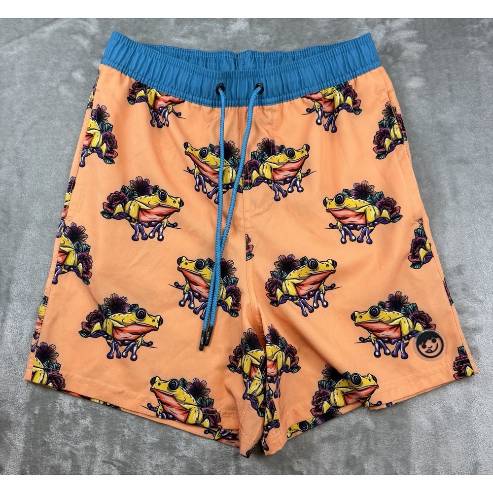 Neff‎ Swim Shorts Men's Medium Orange Trunks Multicolor Frogs Flowers Beach Pool